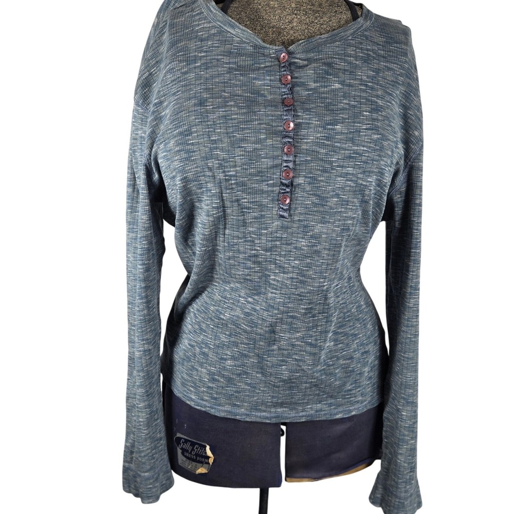 Vintage Valerie Stevens Petite Womens‎ Henley Top Blue Ribbed Long Sleeve Y2K M
